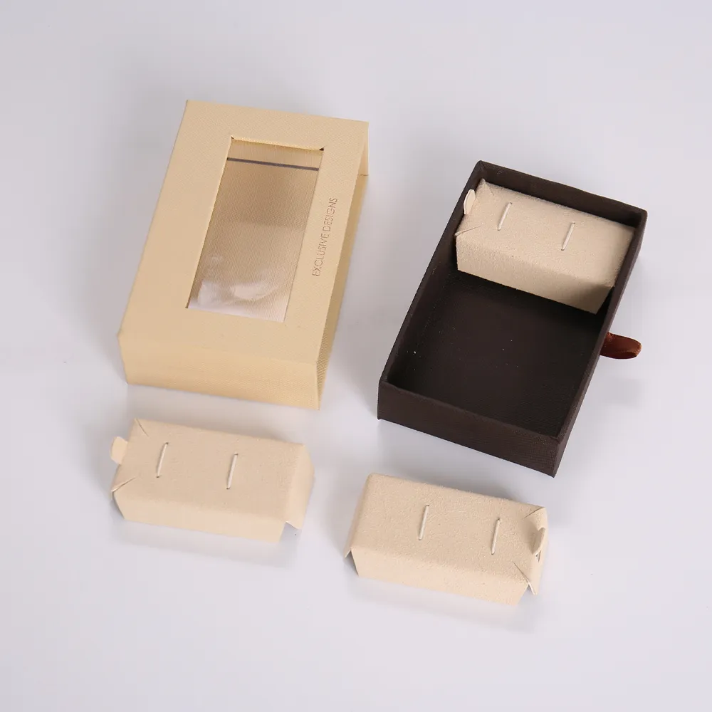 Beige and Brown Textured Drawer Jewelry Box with Window