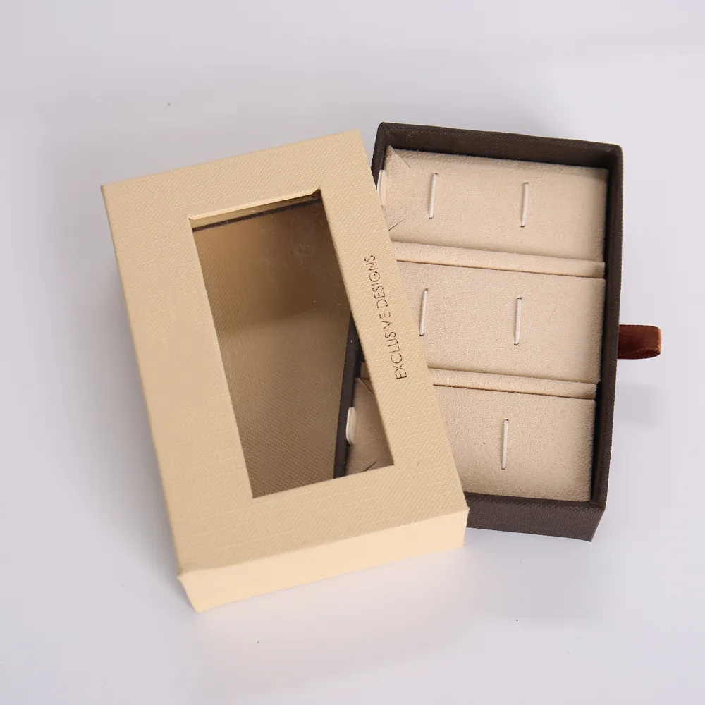 Beige and Brown Textured Drawer Jewelry Box with Window - alternate view