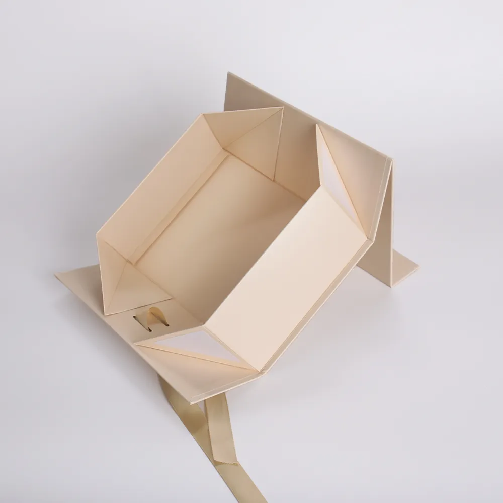 Beige Collapsible Magnetic Gift Box with Satin Ribbon