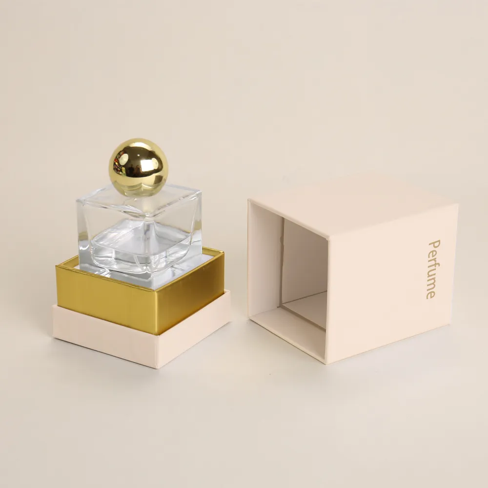 Beige Square Perfume Rigid Box with Gold Foil Text and Custom Insert