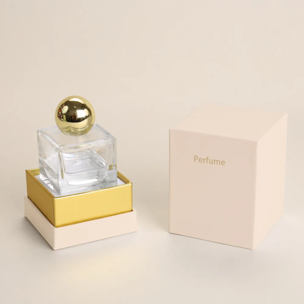 Beige Square Perfume Rigid Box with Gold Foil Text and Custom Insert - alternate view