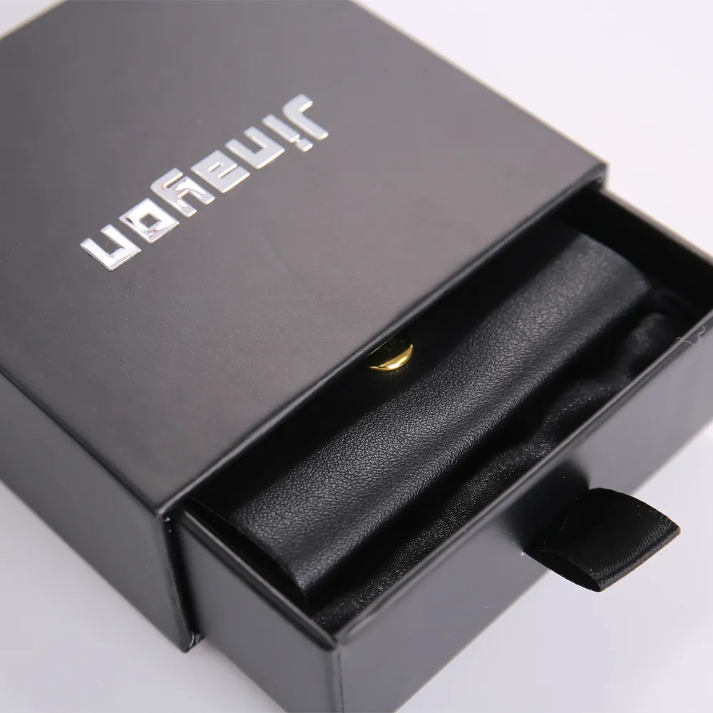 Black Drawer Jewelry Box with Satin Lining and Faux Leather Pouch - alternate view