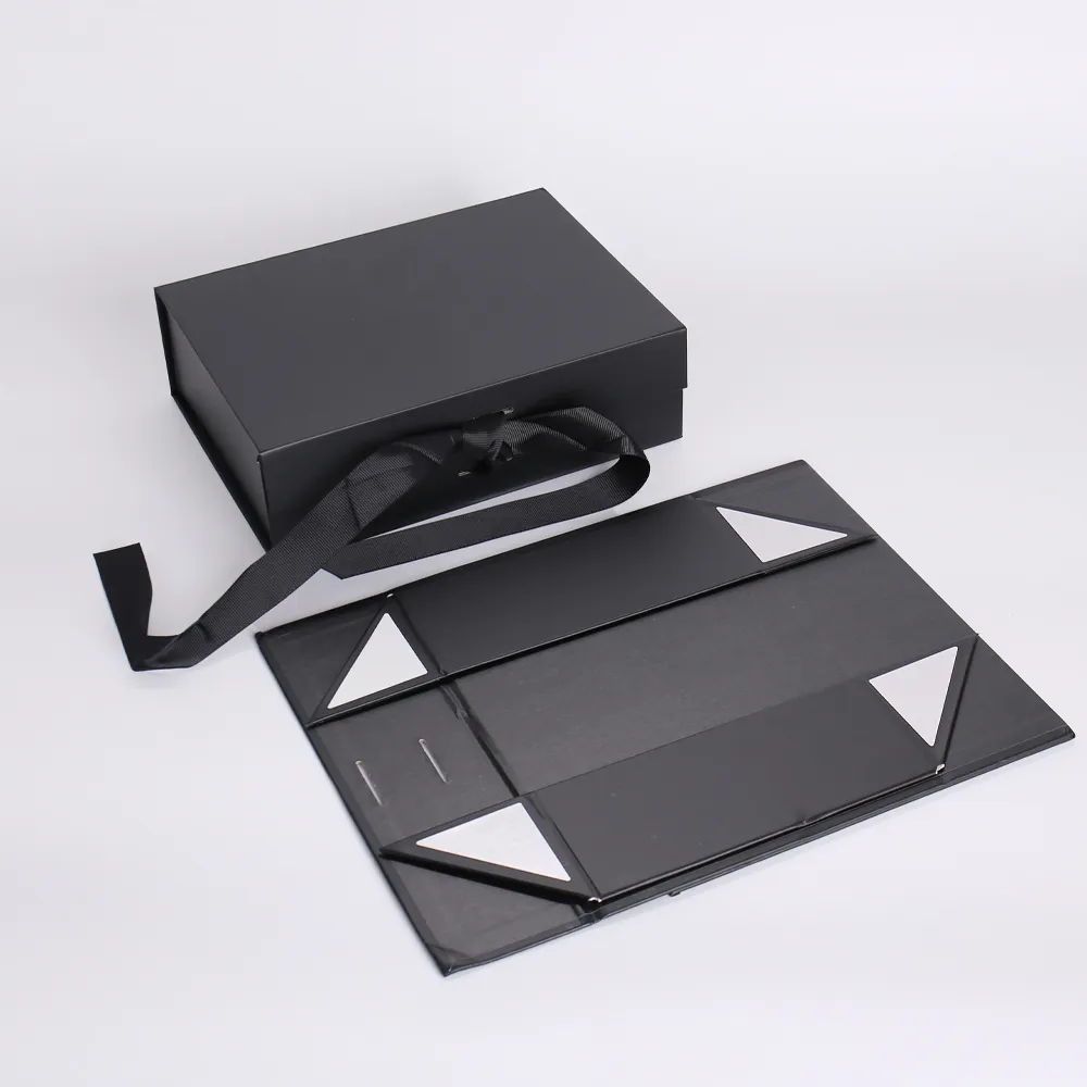 Black Foldable Rigid Gift Box with Ribbon Closure