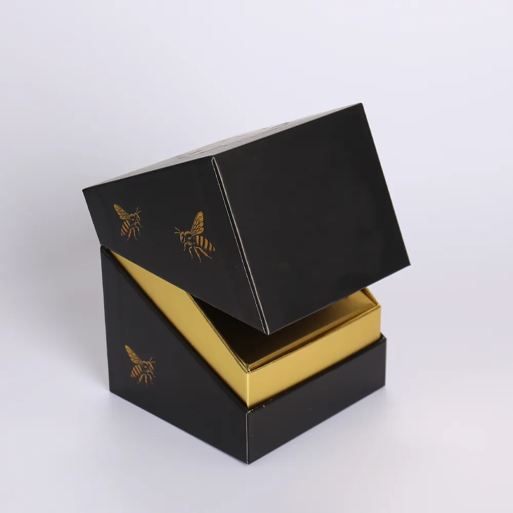 Black Magnetic Angled Flip-Top Rigid Box with Gold Bee Foil Stamping