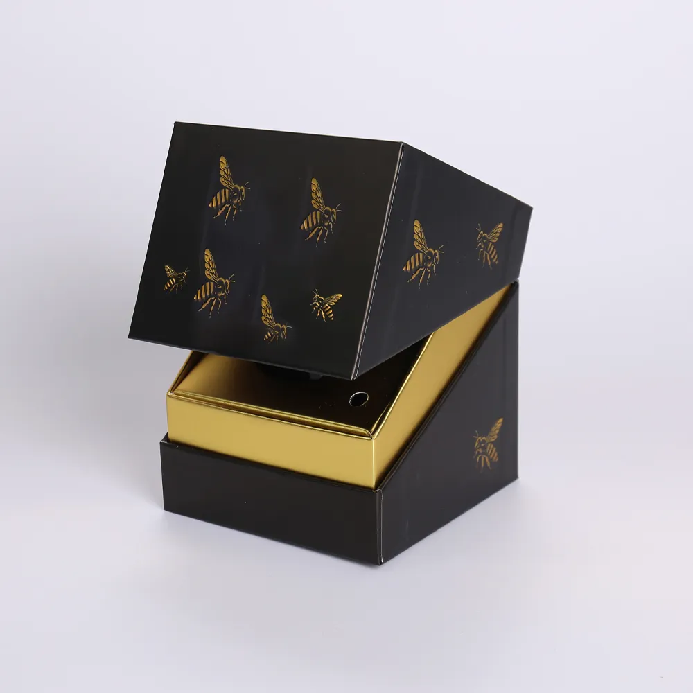 Black Magnetic Angled Flip-Top Rigid Box with Gold Bee Foil Stamping - alternate view