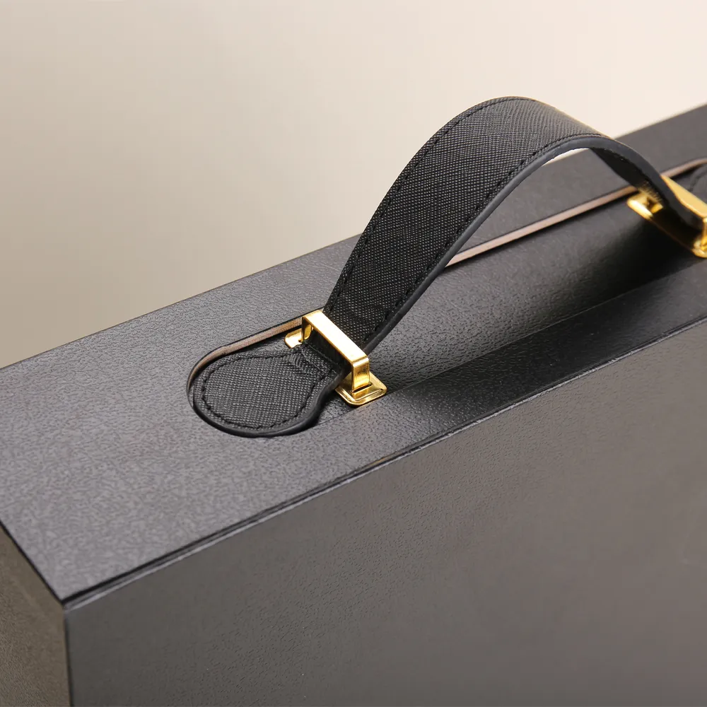 Black Magnetic Flip-Top Rigid Gift Box with Faux Leather Carry Handle - alternate view