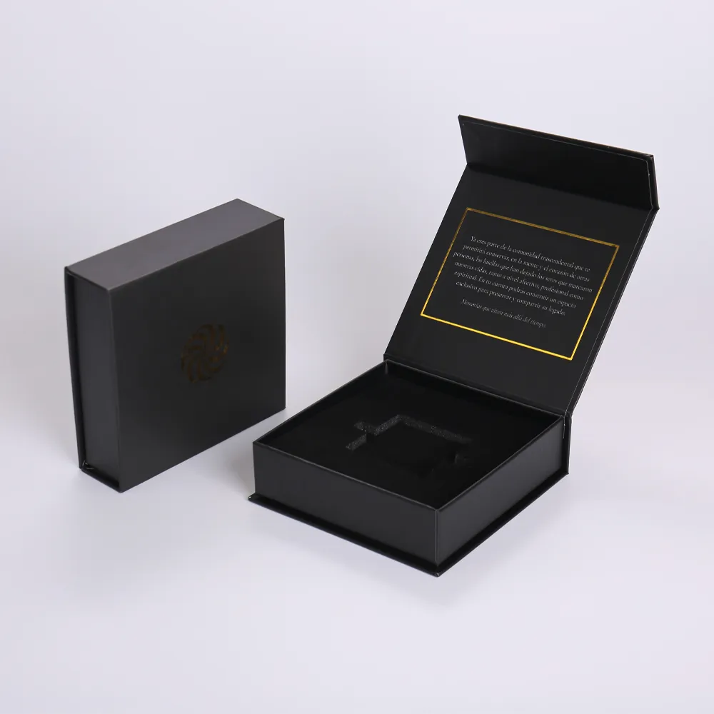 Black Matte Magnetic Flip-Top Rigid Box with Gold Foil Spiral Logo and Custom Foam Insert - alternate view
